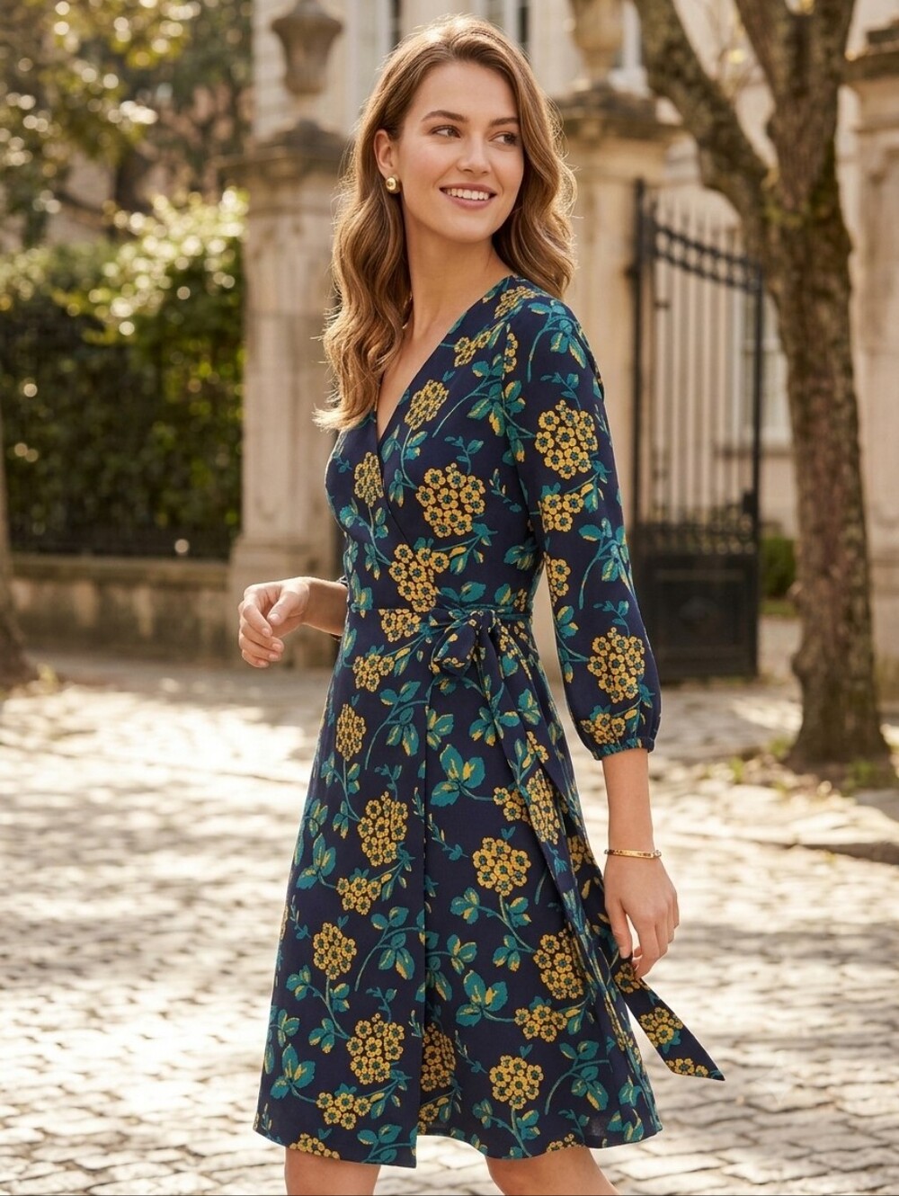 J.Crew Women's 4 Navy Blue Yellow Floral 365 Crepe V-Neck Wrap Dress Office Work